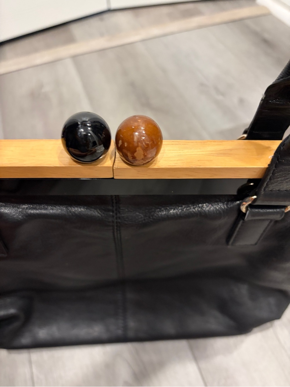 kate spade Black Leather Shoulder Bag with Wooden Frame and Accent Knobs